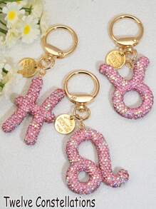 1pc Soft Clay Rhinestone Zodiac Keychain, Pink, Gift For Friends On Valentine's Day - White - View 14