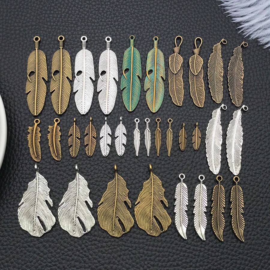 32 件混合复古羽毛吊坠锌合金银古铜色羽毛 DIY 吊坠适用于古董珠宝项链耳环手工工艺配件 - 彩色 - 查看 1