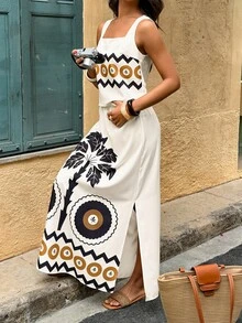 Conjunto de 2 piezas con estampado colocado incluyendo vestido para mujer