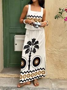 Conjunto de 2 piezas con estampado colocado incluyendo vestido para mujer