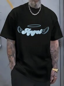 A Fashionable Short Sleeved Sports Men's Outdoor Exquisite Pattern Printed With Angel English Letter Pattern, Round Neck High Street Pure Cotton Short Sleeved T-Shirt, Pattern T-Shirt, Printed T-Shirt, High-End Pure Cotton T-Shirt