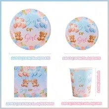 Teddy Bear Gender Reveal Disposable Tableware Set, 7/9 Inch Party Plates, Napkins, Cups, Birthday Party Gifts, Celebration Decorations Disposable Paper Plates, Napkins, Cups, Suitable For Birthday Theme Party Supplies