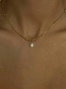 Nooxian 1pc Women Pendant Necklace, Stainless Steel Simulated Pearl Necklace, Fashionable Versatile Daily Wear Accessory (Chain & Pearl Bead Quantity Random) - Yellow Gold - View 2