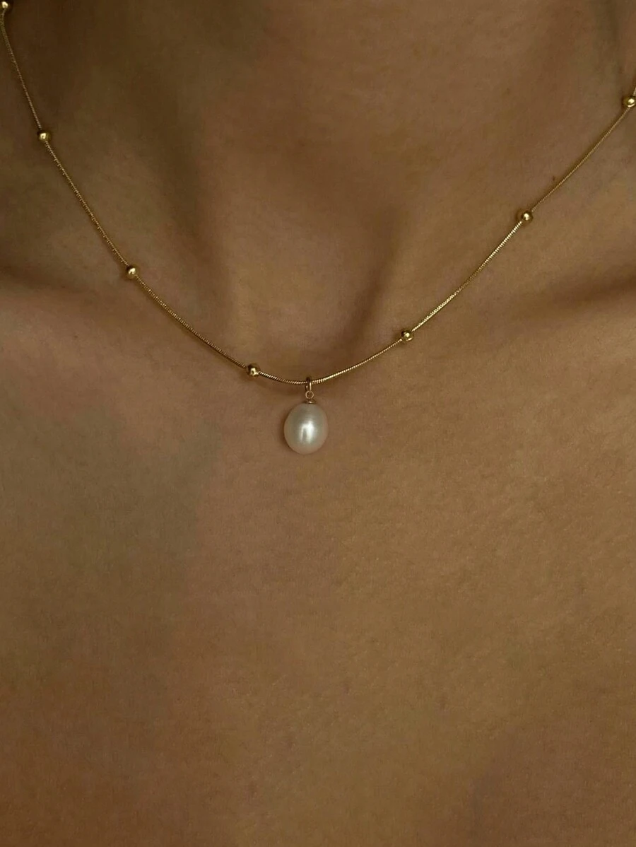 Nooxian 1pc Women Pendant Necklace, Stainless Steel Simulated Pearl Necklace, Fashionable Versatile Daily Wear Accessory (Chain & Pearl Bead Quantity Random)