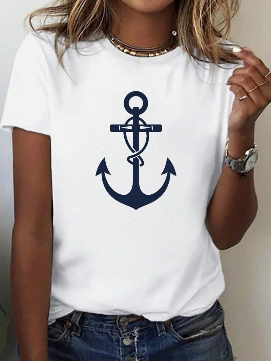 Women's 100% Cotton Nautical Sailor Rope Anchor Juniors T-Shirt, Women's Christmas 220g Heavy Cotton T-Shirt (1 PC) - White - View 1
