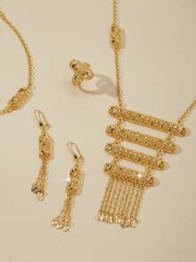 Bộ trang sức cổ điển mạ vàng 18K sang trọng dành cho nữ, thiết kế vuông thanh lịch gồm dây chuyền, bông tai, vòng tay và nhẫn, phù hợp cho Nigeria, Dubai, Trung Đông, Ả Rập Xê Út, quà cưới, quà tặng hàng ngày, quà kỷ niệm, quà Halloween. - Vàng - Xem 2