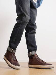 SHOESMALL Men's Leather Casual Shoes High Top Fashion Darkbrown Sneakers For Men - AMY5140-深棕色 - 查看 5