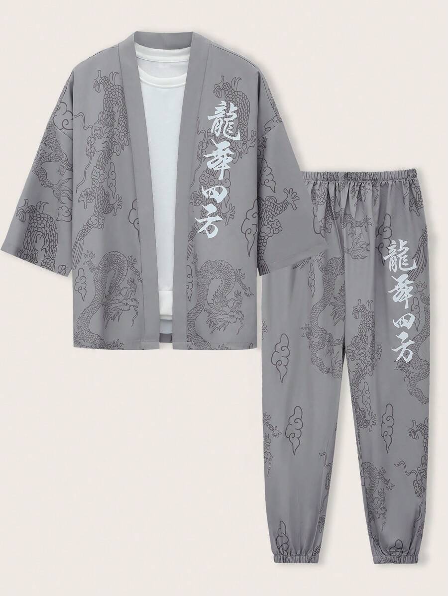 Men's Black Dragon Print Chinese Style Robe Kimono Lounge Wear