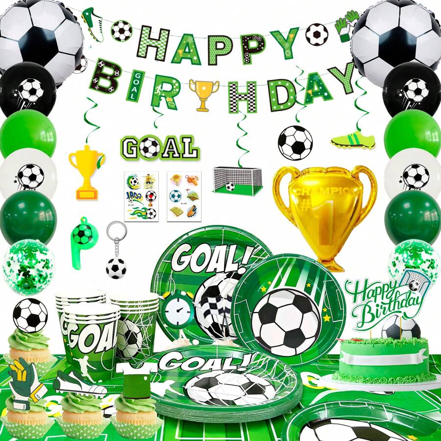 133pcs Soccer Party Supplies,Soccer Birthday Theme Supplies Includes Soccer Theme Plates Cups Napkins Banner Balloons Cake Topper Stickers Favors Etc - 綠色 - 查看 1