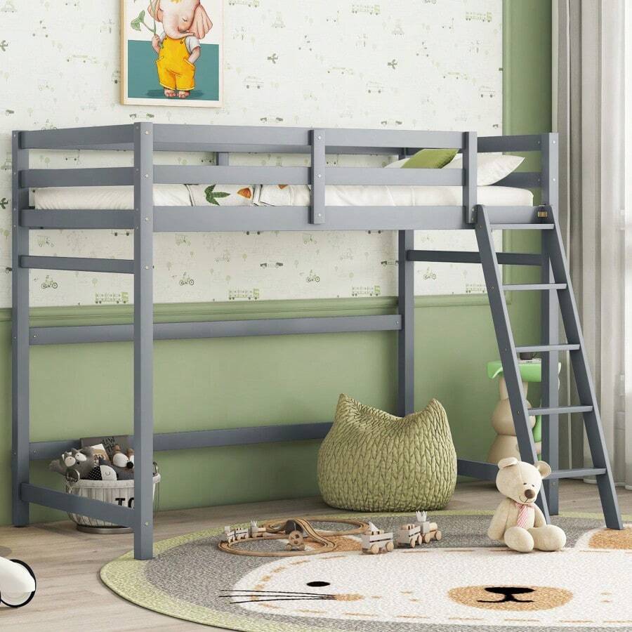 Twin Size High Loft Bed With Inclined Ladder, Guardrails,Grey