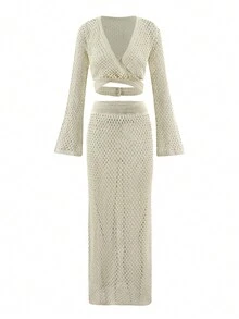 性感针织镂空两件套泳衣罩衫 2025 夏季女士喇叭袖腰系带上衣长裙套装俱乐部沙滩裙 - 白色 - 查看 7