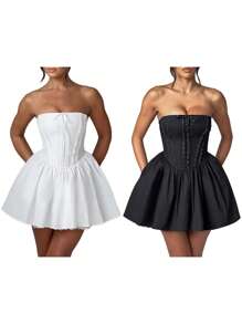 Women's Corset Mini Dress Strapless Lace Trim Solid Color Tube Top Dress Short Party Dress - 白色 - 查看 2
