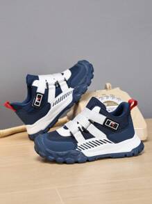 Teens' Fashionable Contrast Color Hook And Loop Sports Shoes - Shock Absorbing Anti-Slip Breathable Mesh Sneakers, Suitable For Outdoor Running And Walking, All Season Wear - Navy Blue - View 10