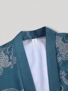 Men's Chinese Style Dragon Print Robe And Pants Pajamas Set - Navy Blue - View 8