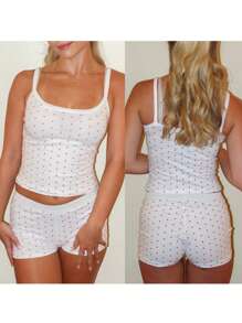 Women 2 Piece Y2K Pajama Set Sleeveless Square Neck Heart Bow Cami Top Shorts Valentine Sleepwear Lounge Matching Set - trắng - Xem 2