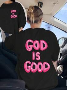 Camiseta de mujer cristiana JOYY "Dios es bueno" de cuello redondo y manga corta, de corte holgado y cómodo, con estampado de letras rosas por ambos lados, prenda casual minimalista - Negro - Ver 2