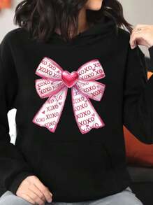 Women's Casual Xoxo Valentine's Day Print Hoodie - Long Sleeve Sweatshirt With Drawstring, Pocket, And Sports Style For Winter - Black - View 1