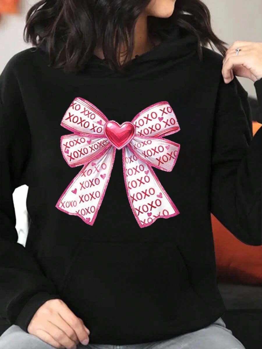Women's Casual Xoxo Valentine's Day Print Hoodie - Long Sleeve Sweatshirt With Drawstring, Pocket, And Sports Style For Winter - Black - View 1