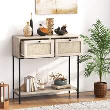 Homasis Console Table Entryway Table Long Sofa Side Table W/ Open Shelf & Rattan Drawers - Oak - View 4