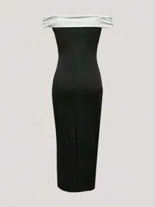Abito elegante donna midi aderente, con spalle scoperte e blocchi di colore