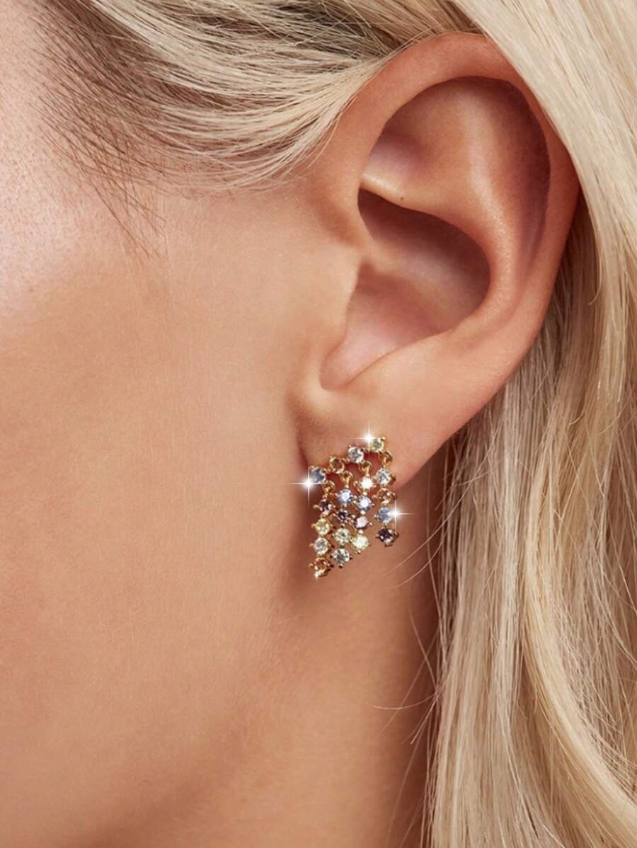 Unique Niche Designed S925 Sterling Silver Colorful Cubic Zirconia Earrings With Tassel, Stylish Dopamine Earrings, Suitable For European And American Girls Wearing In Autumn/Winter Daily - Gold - View 1