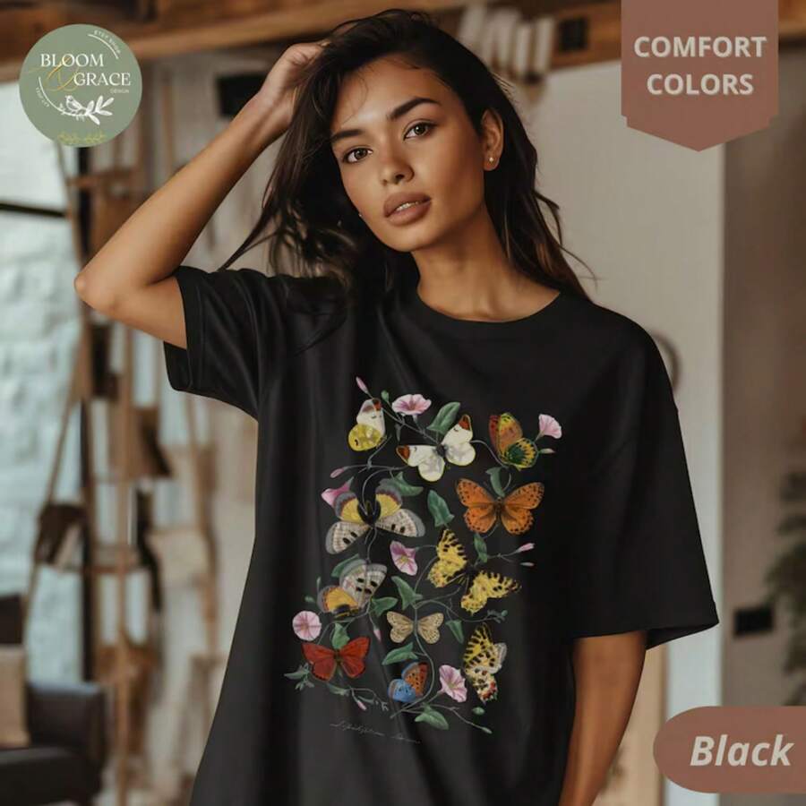 Comfort Colors Vintage Butterfly Shirt Retro Nature-Inspired Tshirt Graphic Tee For Women Comfy T Shirt Cottagecore Shirt