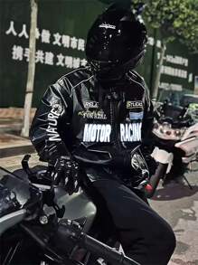 Men's Letter Embroidered PU Leather Jacket, Fall/Winter - Black - View 6