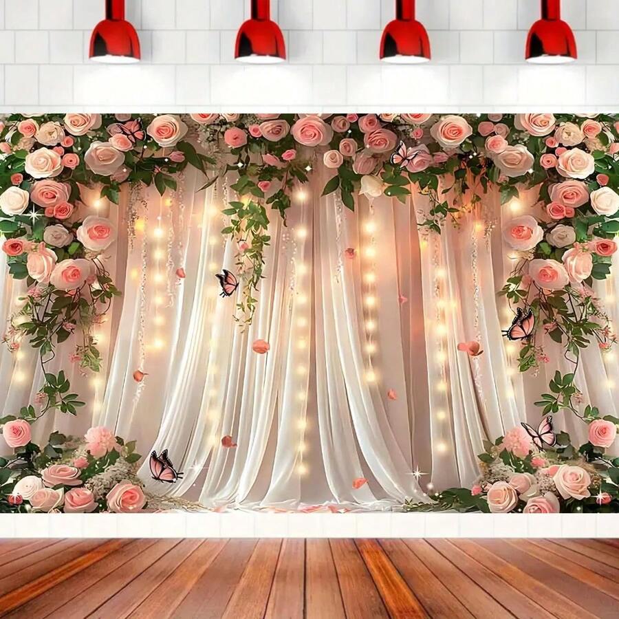 UUFelice Valentine's Day Pink Rose String Curtain Backdrop, Warm Lighthouse & Butterfly Flower Wall Mural, Polyester Material, Easy To Hang, Indoor/Outdoor Wedding Proposal Party Decor, Photography Studio Props, Birthday Cake Table Supplies