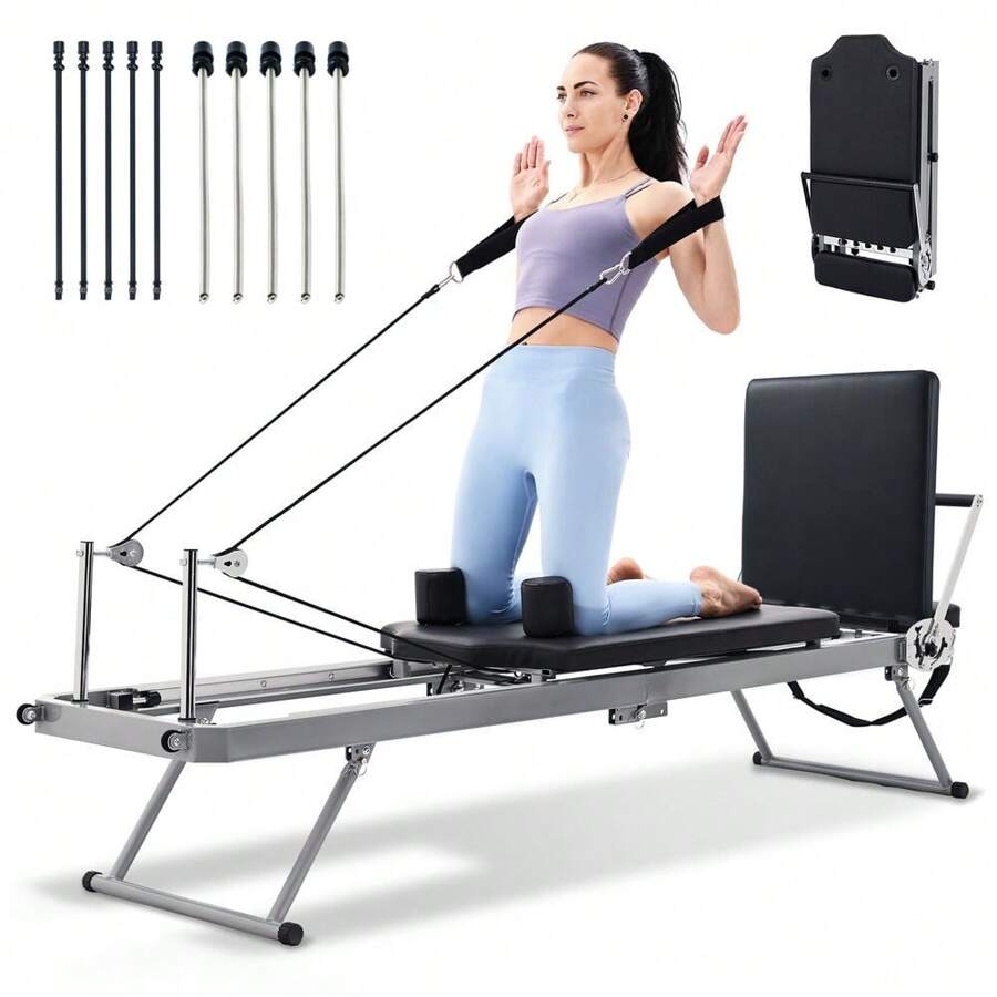 Foldable Pilates Reformer Workout Machine Cardio Fitness Full Body Yoga ...