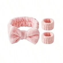 3 件套头带和腕带，1 件头带和 2 件沐浴护腕，现代涤纶蝴蝶结装饰面部化妆头带和腕带 - 粉色 - 查看 1
