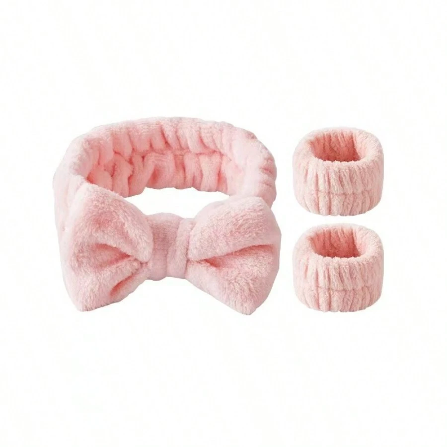 3 件套头带和腕带，1 件头带和 2 件沐浴护腕，现代涤纶蝴蝶结装饰面部化妆头带和腕带 - 粉色 - 查看 1