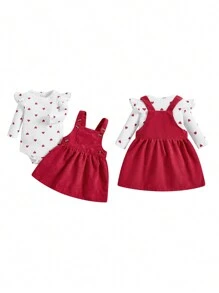 Baby Girls 2 Piece Suit Heart Pattern Ruffle Long Sleeve Round Neck Romper + Suspender Skirt - Red - View 10