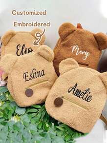 1pc Customizable Embroidered Cartoon Plush Backpack With Personalized Name, Cute Teddy Bear Shape, New Arrival Student Bag. Cartoon Zipper Bag, Lightweight Design, Girls' Backpack, For Office, Commuting And School. Plush Portable, Multifunction, Versatile, Functional, Practical, For Graduation, For Christmas, For Winter, For Fall/Autumn, For School, For Outdoors/Outings/Travel/Hiking/Stadium/Sports/Climbing,New Year Glamour - Blue - View 9