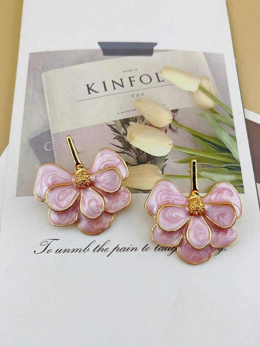 2pcs Enamel Pink Floral Earrings, French Gentle And Elegant - Plated Exaggerated Earrings - Multicolor - View 1