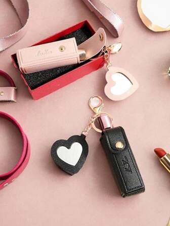 1 Peça Mini Estojo de Batom com Espelho, Chaveiro Portátil de Couro PU Porta-Batom, Bolsa Organizadora de Maquiagem, Porta-Batom de Couro PU com Espelho em Forma de Coração, Chaveiros de Maquiagem para Mulheres. Bolsa Porta-Batom Decorada com Espelho em Forma de Coração, Bolsa de Maquiagem Multicolorida para Mulheres, Pingente de Chaveiro Moda Coração e Bolsa, Acessório para Bolsa, Carteira, Bolsa, para Festas, Casamentos