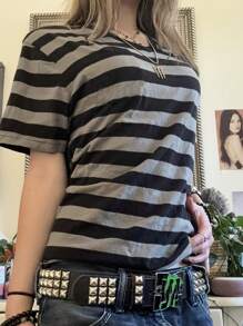 Women Vintage Grunge Top Short Sleeve Striped T-Shirt Goth Emo Tee Shirt Y2K Aesthetic Clothes Harajuku - 灰色 - 查看 2