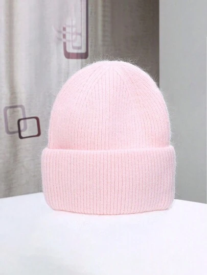 1pc Casual Women's Knitted Hat Rabbit Fur Beanie Ladies Autumn Winter Double-Layer Fold Thick Pullover Hat Girls Skullies Beanies Cap