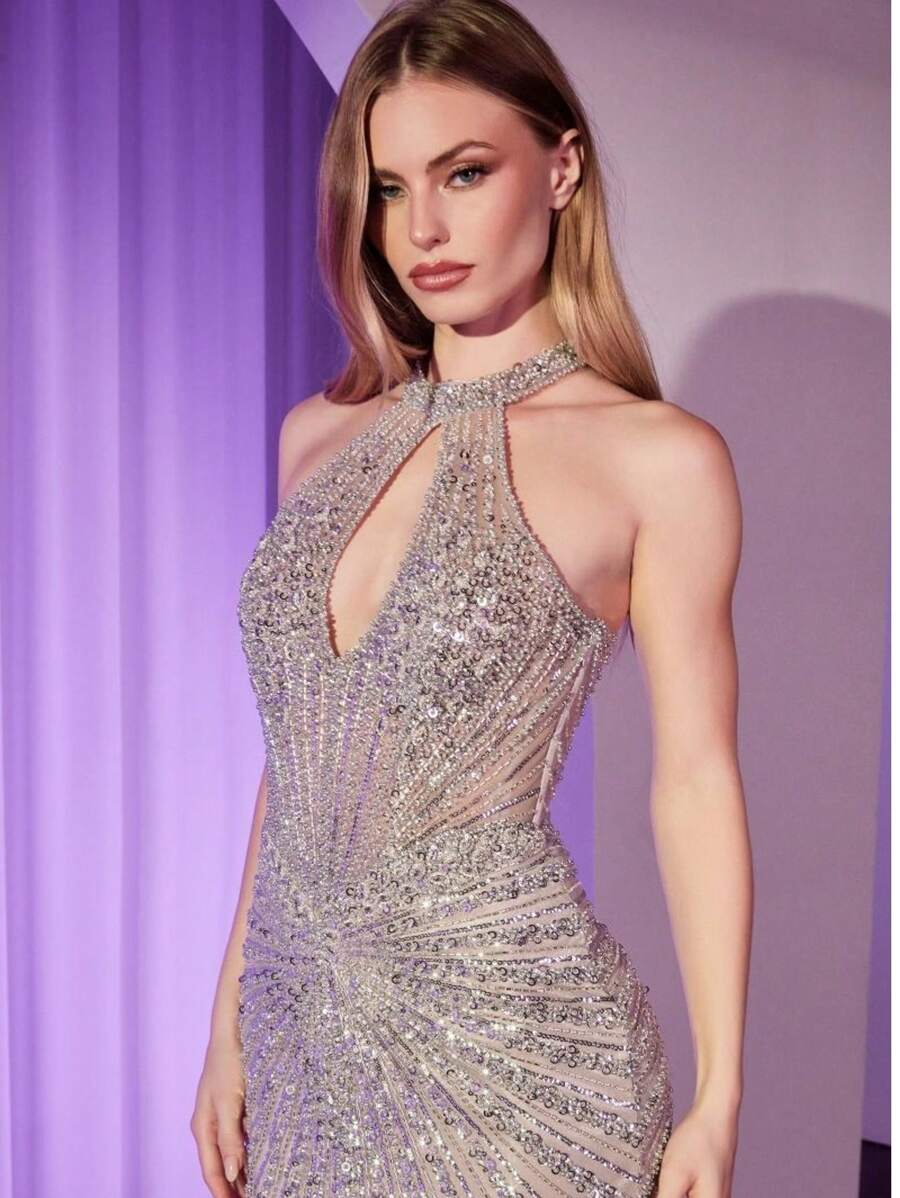 ALTA CALIDAD VESTIDO HALTER CON DETALLADO INCRUSTADO - Plateado - Ver 1