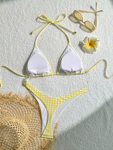 Women's Printed Fashionable Yellow Plaid Pattern Mini Triangle Bikini Set, Suitable For Summer Swimwear Vacation Beach - Yellow - View 6