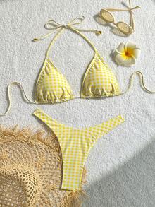 Women's Printed Fashionable Yellow Plaid Pattern Mini Triangle Bikini Set, Suitable For Summer Swimwear Vacation Beach - Yellow - View 4