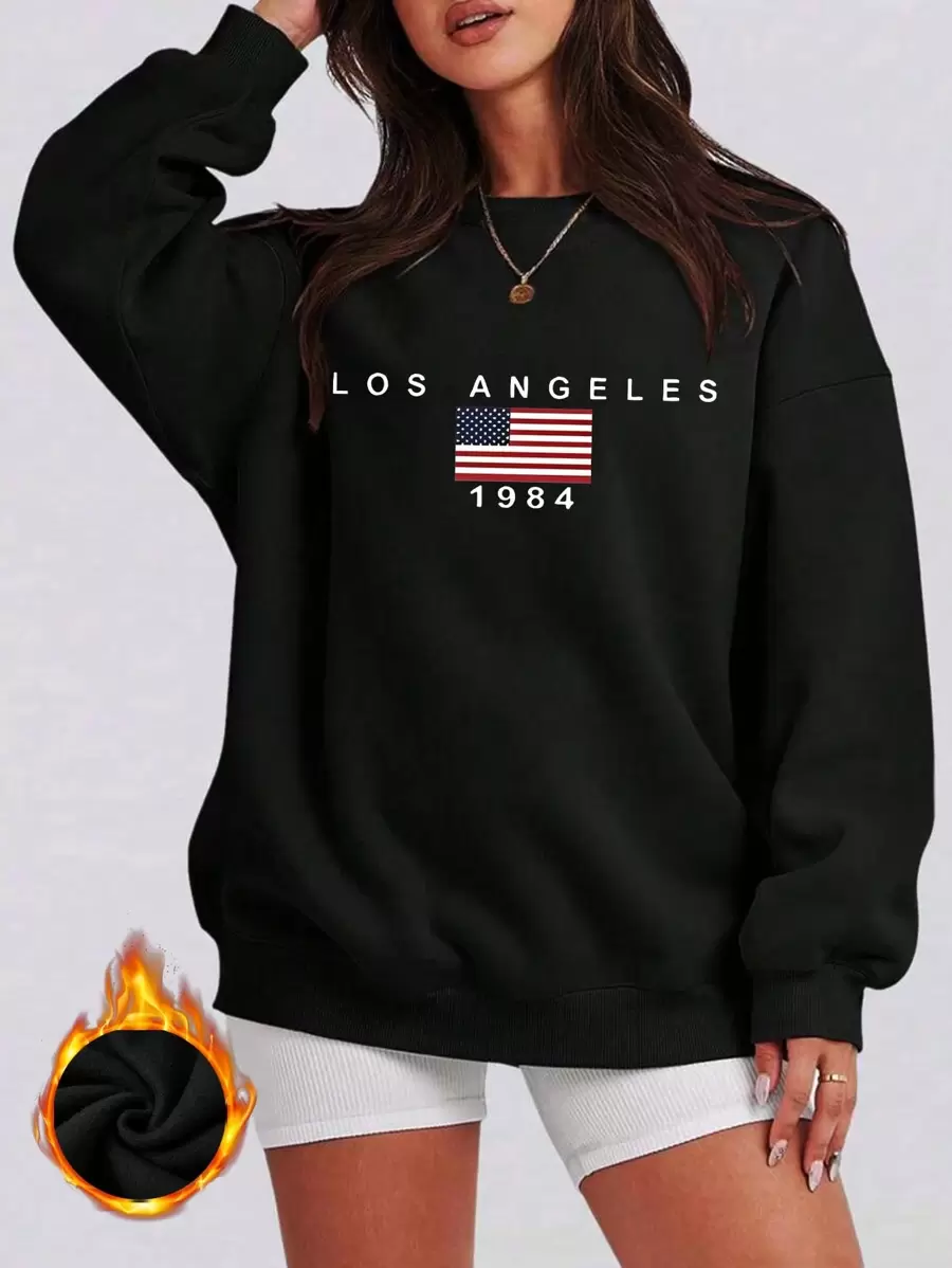 Women's Velvet Round Neck Sweatshirt, Sporty Style, Featuring The American Flag Pattern. Suitable For Gatherings, Sports, Outdoor Leisure And Other Scenarios, This Is The Autumn And Winter Version - Black - View 1