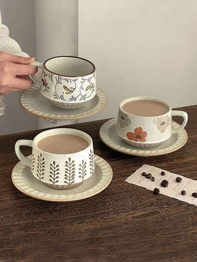 2pcs/Set Vintage Japanese Style Ceramic Coffee Cups & Saucer, Creative Thick Pottery Latte Milk Mugs, Elegant & Premium