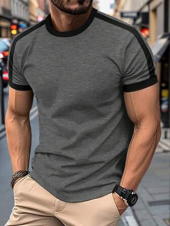 New Summer Men Short Sleeve T-Shirts, Casual Fashion Sports Fitness Office Home Comfortable Basic Contrast Color Tops, Outdoor Wear Tee