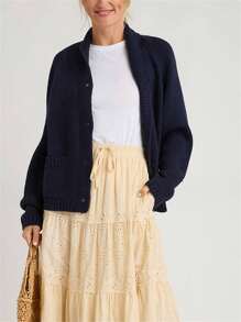 Women's Lobster Knit Sweater Cardigan Long Sleeve Shawl Collar Open Front Vintage Lightweight Knitwear Tops - Navy Blue - View 4