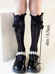 1pc Knee-High Socks With Bow & Ruffle Trim, For 6-18Y Girls, Children Socks