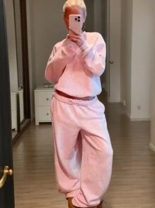 女士街头休闲运动套装 | 宽松纯粉色圆领卫衣和运动裤 | 适合情人节、健身房、早午餐、居家办公、户外活动 | 2026春夏/冬季 - 粉色 - 查看 7