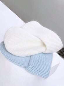 1 件休闲女士针织帽兔毛帽子女士秋冬季双层折叠加厚套头帽女孩 Skullies 无檐便帽 - 兔毛針織保暖帽 - 查看 6