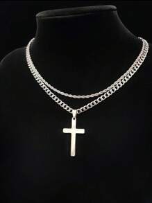 Set de 2 collares con cadena trenzada cubana y colgante con cruz con acento de rhinestone, accesorio de moda versátil adecuado para hombres y mujeres, regalo ideal para Año Nuevo y San Valentín - Multicolor - Ver 3