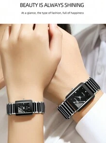 2pcs/pair Ceramic Square Couple Watch, Alloy Dial Quartz Wristwatch, Men Women Matching