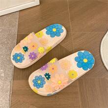 Flower Print Platform Slide Sandals For Women, Fashion Stylish Casual Open Toe Thick Bottom Slippers